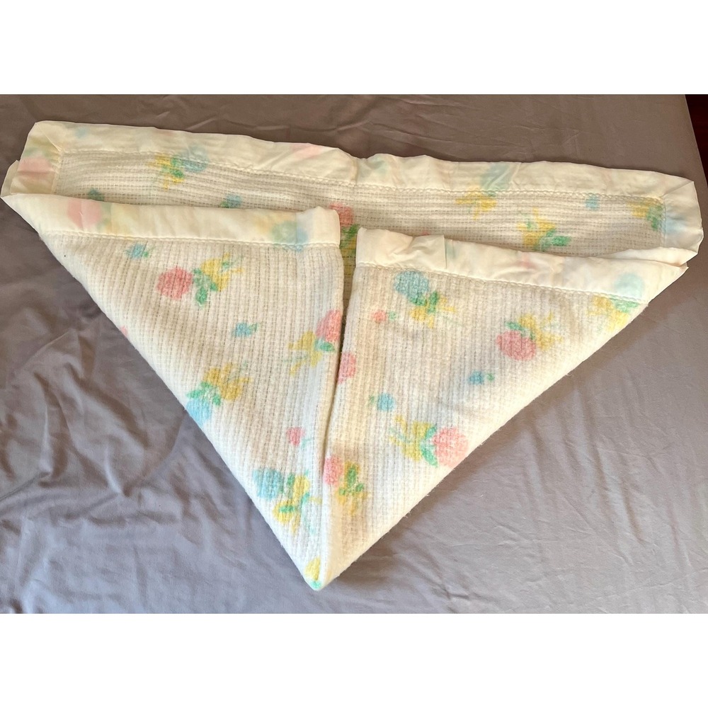 Vintage Floral Waffle Weave Baby Blanket Satin Trim Pastel Pink Yellow 46x36